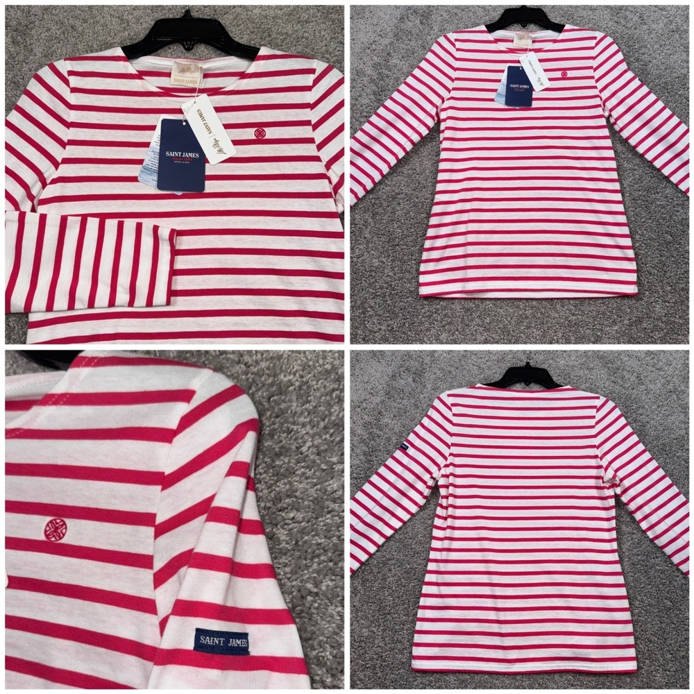 Lilly Pulitzer x Saint James Minquidame Pink Stripe Round Neck Tee Sz XS NEW
